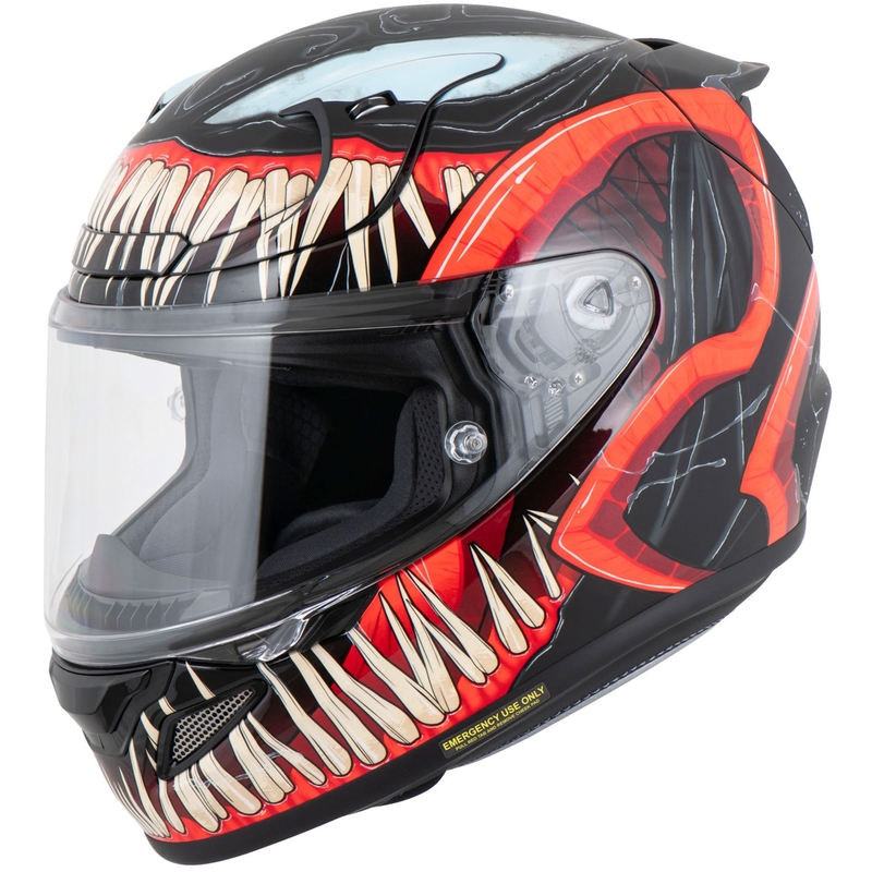 Casco integrale da moto HJC RPHA 12 Venom 3 Marvel, nero e rosso.