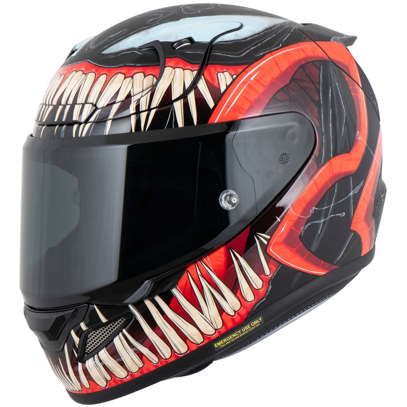 Casco integrale da moto HJC RPHA 12 Venom 3 Marvel, nero e rosso.