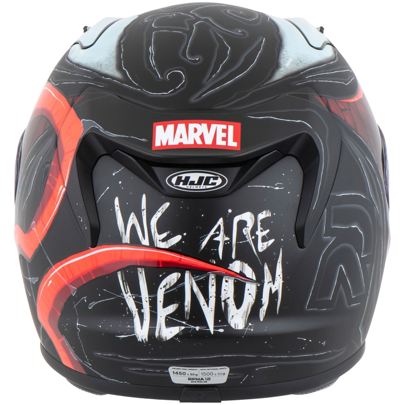 Casco integrale da moto HJC RPHA 12 Venom 3 Marvel, nero e rosso.
