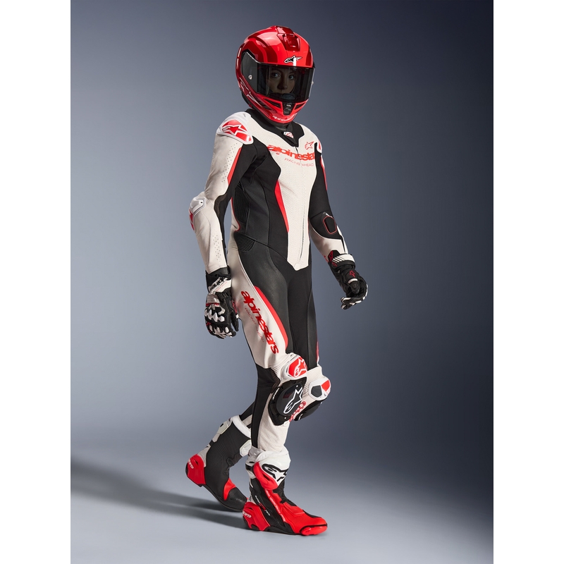Tuta da moto intera in pelle da donna Alpinestars Stella GP-R7 bianco-rosso fluo-nero