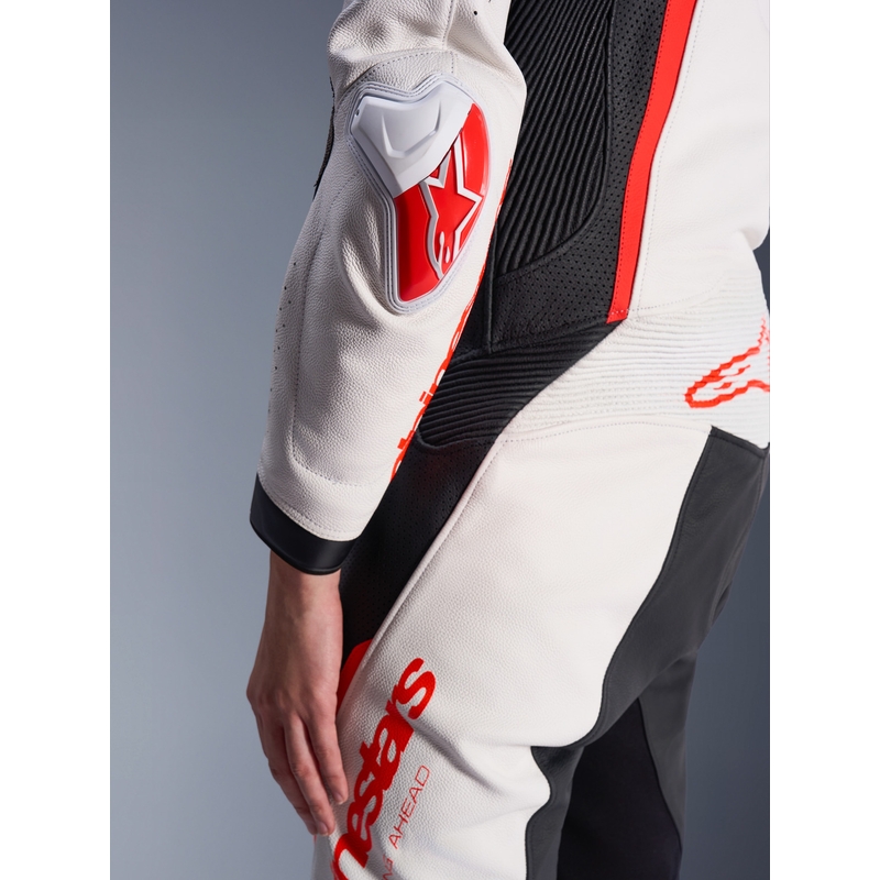 Tuta da moto intera in pelle da donna Alpinestars Stella GP-R7 bianco-rosso fluo-nero