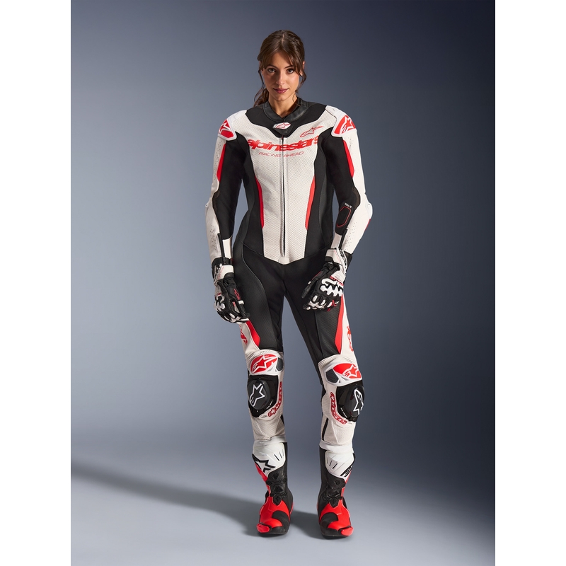 Tuta da moto intera in pelle da donna Alpinestars Stella GP-R7 bianco-rosso fluo-nero