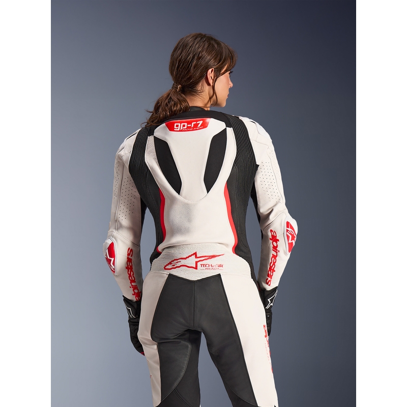 Tuta da moto intera in pelle da donna Alpinestars Stella GP-R7 bianco-rosso fluo-nero