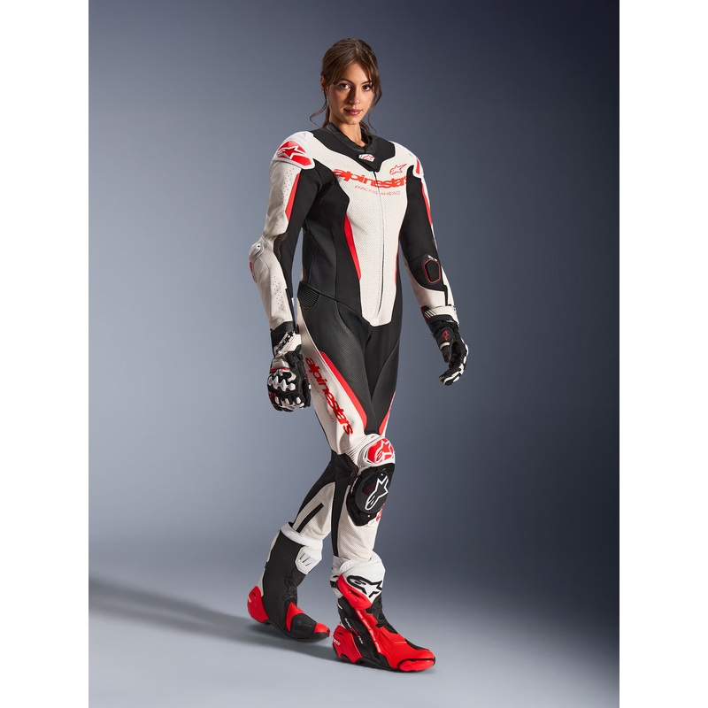 Tuta da moto intera in pelle da donna Alpinestars Stella GP-R7 bianco-rosso fluo-nero