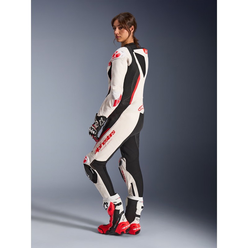 Tuta da moto intera in pelle da donna Alpinestars Stella GP-R7 bianco-rosso fluo-nero