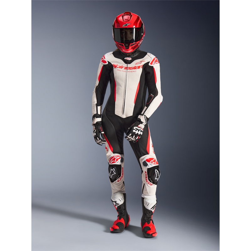 Tuta da moto intera in pelle da donna Alpinestars Stella GP-R7 bianco-rosso fluo-nero