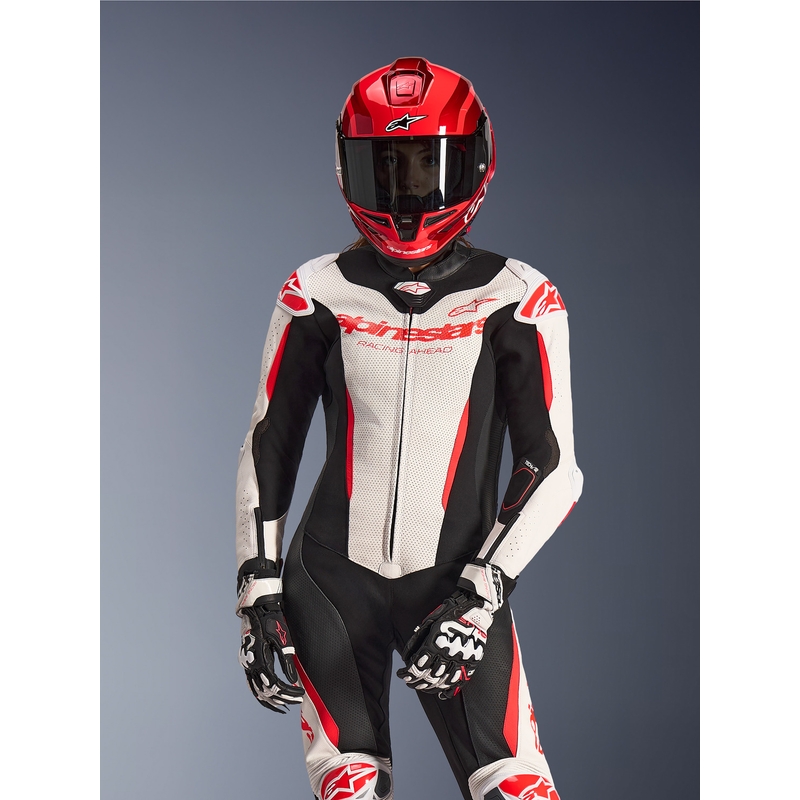 Tuta da moto intera in pelle da donna Alpinestars Stella GP-R7 bianco-rosso fluo-nero