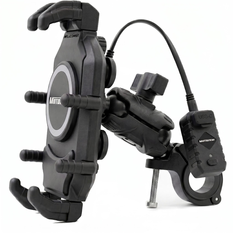 Supporto antivibrazione MotoZem Claw PRO con caricatore wireless e presa USB-C, colore nero.