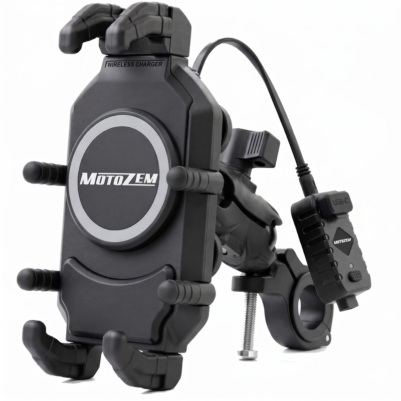 Supporto antivibrazione MotoZem Claw PRO con caricatore wireless e presa USB-C, colore nero.
