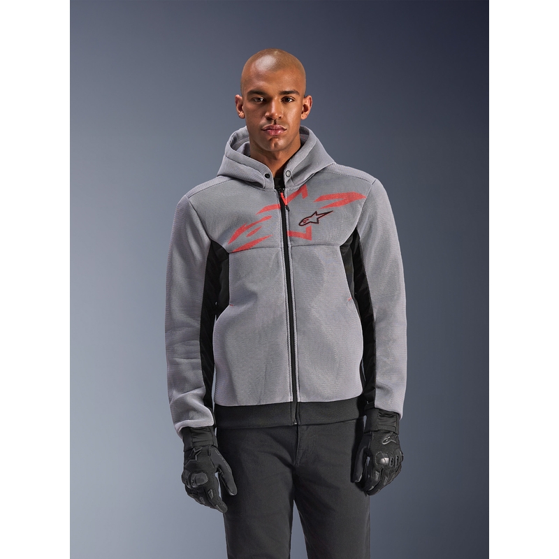 Felpa da motociclista Alpinestars Chrome Superairflow, nera, grigio chiaro, rosso fluo.