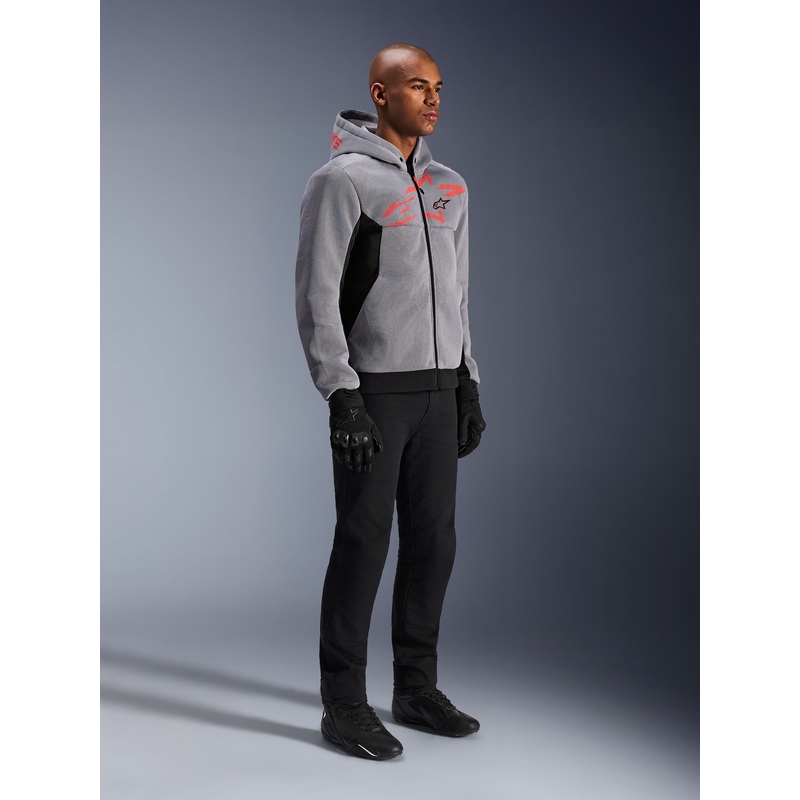 Felpa da motociclista Alpinestars Chrome Superairflow, nera, grigio chiaro, rosso fluo.