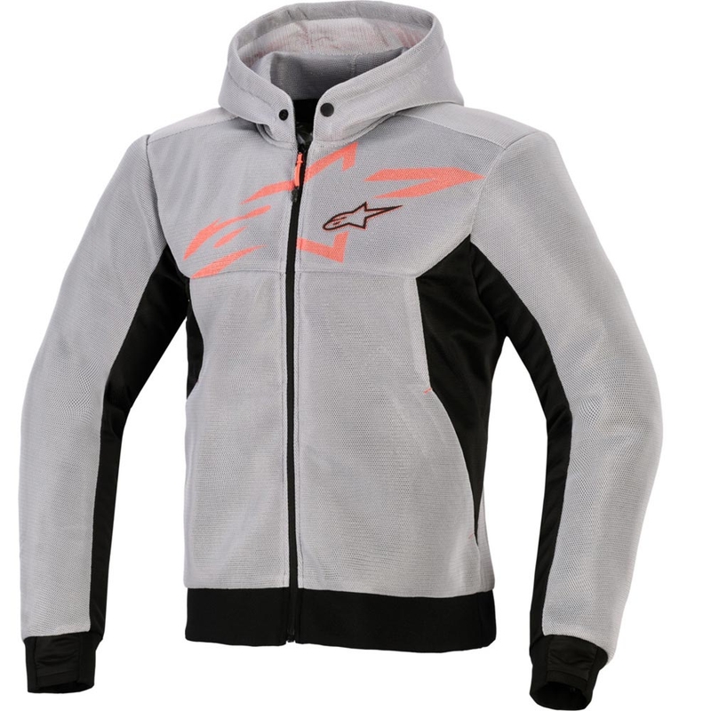 Felpa da motociclista Alpinestars Chrome Superairflow, nera, grigio chiaro, rosso fluo.