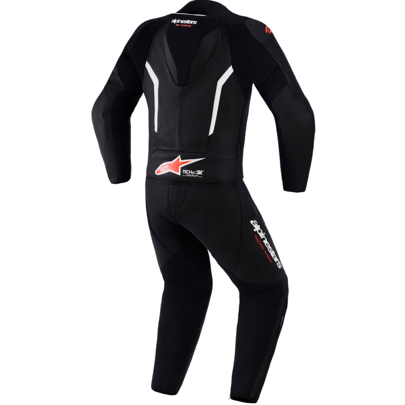 Tuta in pelle Alpinestars GP Force V2 a due pezzi, nera, bianca e rosso fluo.
