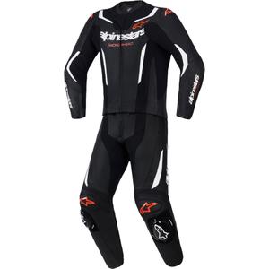 Tuta in pelle Alpinestars GP Force V2 a due pezzi, nera, bianca e rosso fluo.