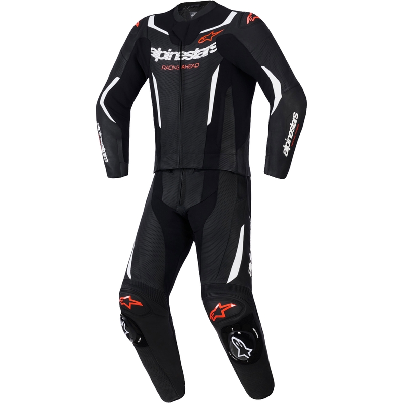 Tuta in pelle Alpinestars GP Force V2 a due pezzi, nera, bianca e rosso fluo.