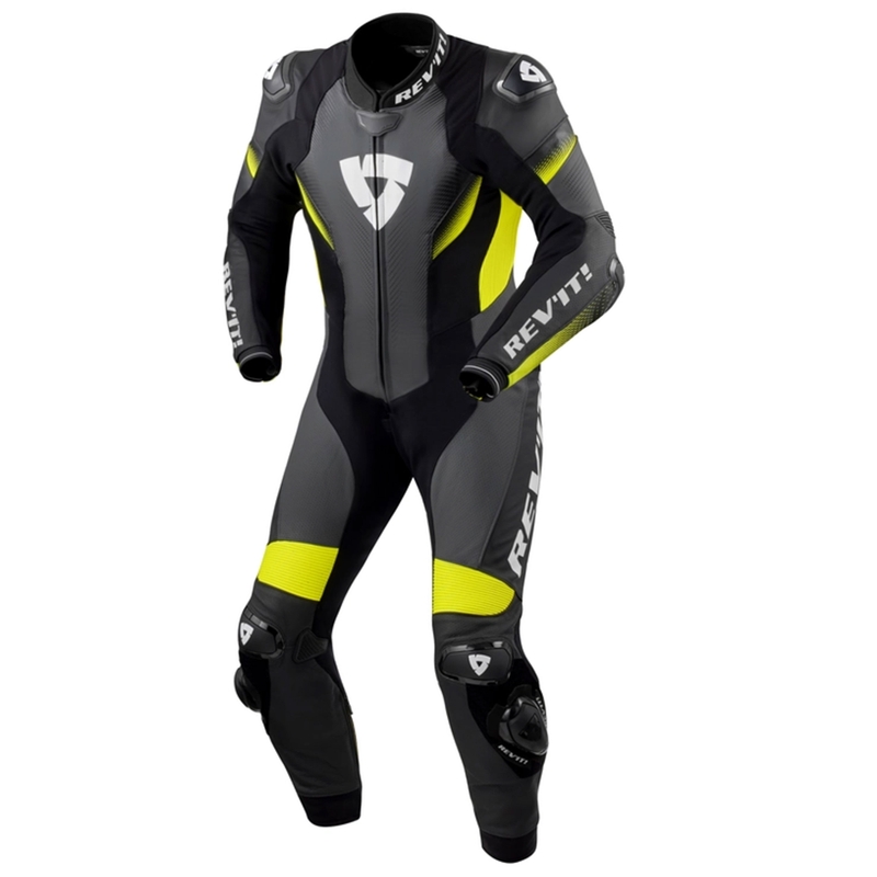 Revit Control Tuta da moto in pelle nera-gialla fluo