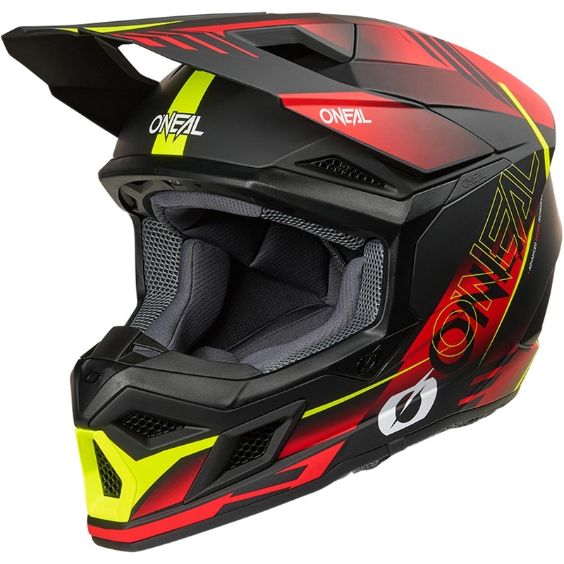 Casco da motocross O'Neal 3SRS Haze nero opaco-rosso-giallo fluo