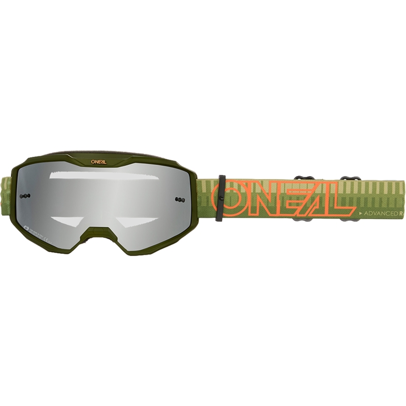 Occhiali da motocross O´Neal B-10 a righe verde-arancione (plexiglass argentato a specchio)