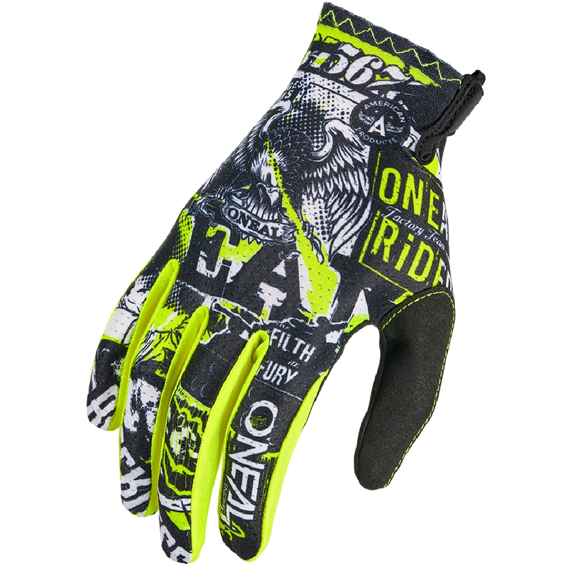 Guanti da motocross per bambini O'Neal Matrix Attack, neri e giallo fluo.