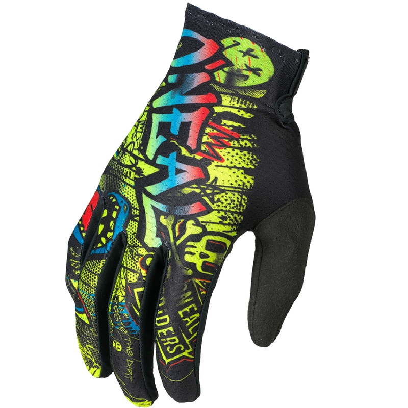 Guanti da motocross per bambini O'Neal Matrix Rancid, neri e giallo fluo.