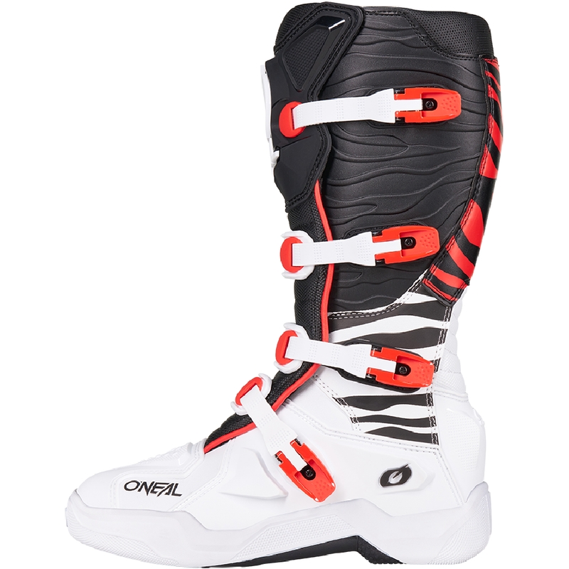 Stivali da motocross O'Neal 3SRS Zebra nero-bianco-rosso