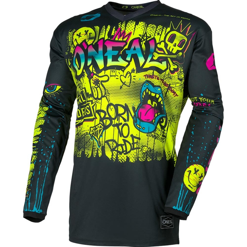 Maglia da motocross per bambini O'Neal Element Rancid, nera e giallo fluo.