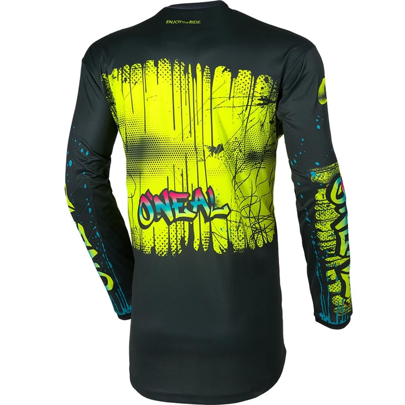 Maglia da motocross per bambini O'Neal Element Rancid, nera e giallo fluo.