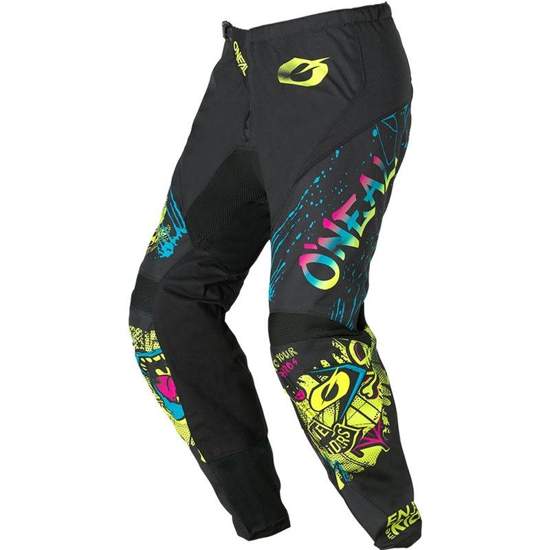 Pantaloni da motocross per bambini O'Neal Element Rancid, neri e giallo fluo.