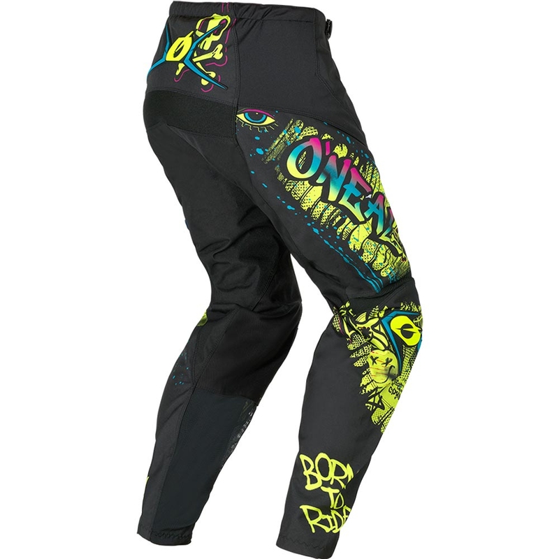 Pantaloni da motocross per bambini O'Neal Element Rancid, neri e giallo fluo.