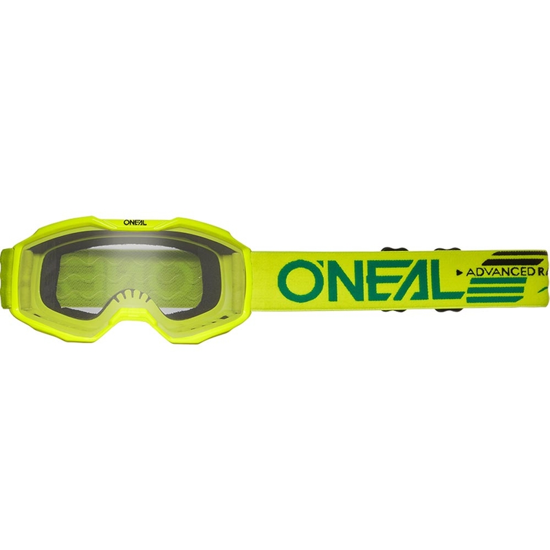 Occhiali da motocross per bambini O'Neal B-10, colore giallo fluo tinta unita con lente in plexiglass trasparente.