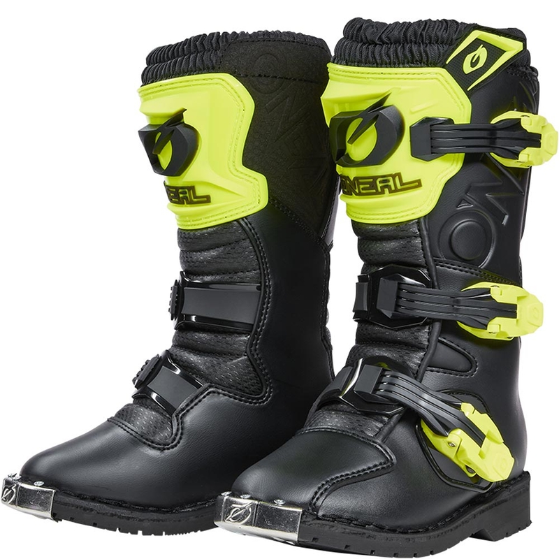 Stivali da motocross per bambini O'Neal Rider PRO, neri e giallo fluo.