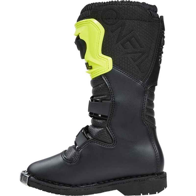 Stivali da motocross per bambini O'Neal Rider PRO, neri e giallo fluo.