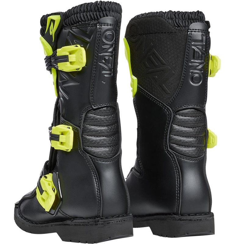 Stivali da motocross per bambini O'Neal Rider PRO, neri e giallo fluo.