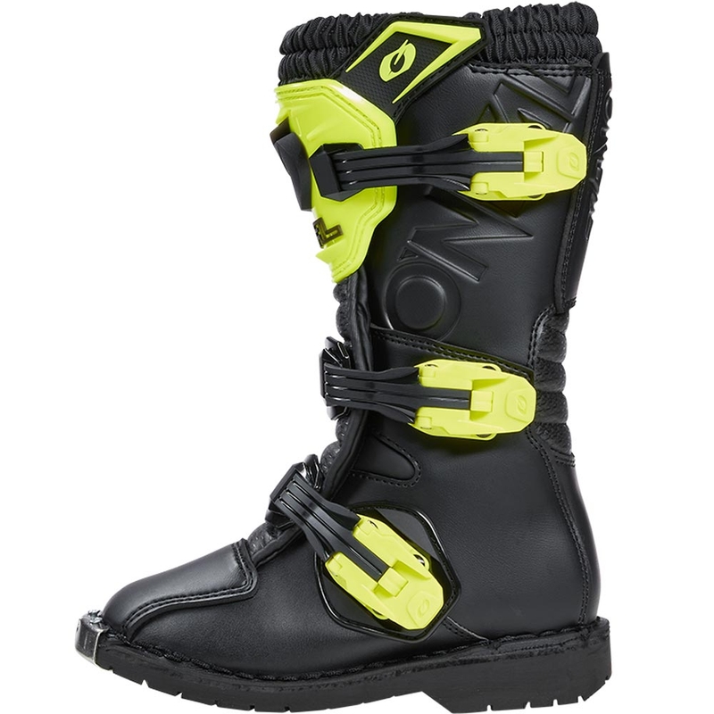 Stivali da motocross per bambini O'Neal Rider PRO, neri e giallo fluo.