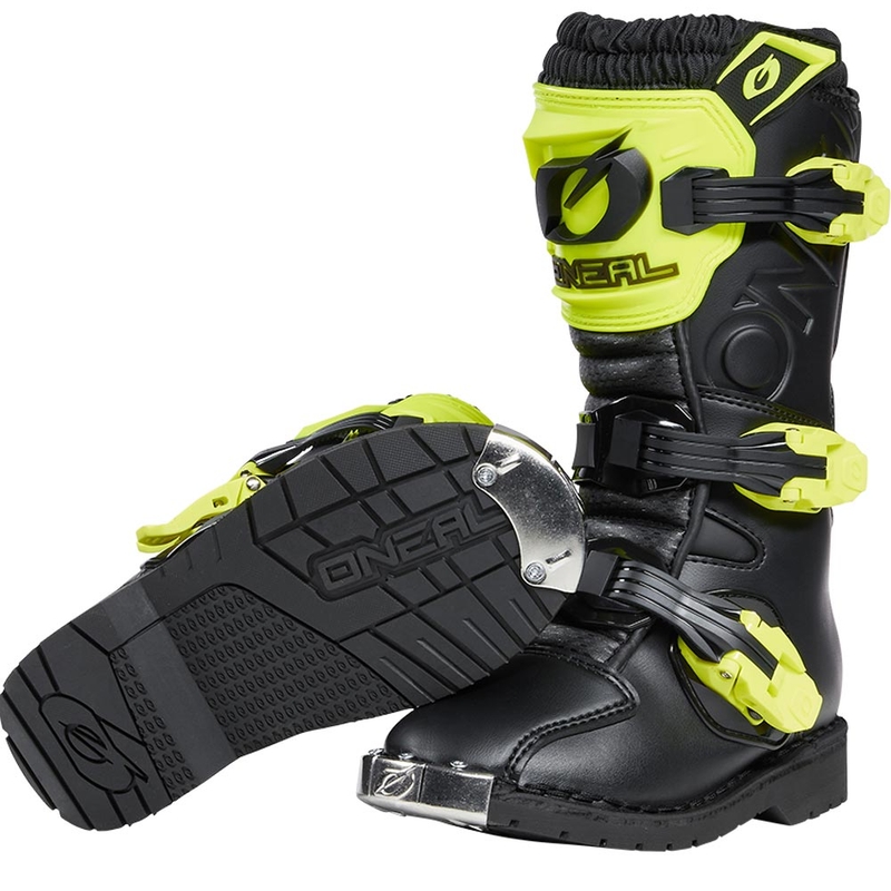 Stivali da motocross per bambini O'Neal Rider PRO, neri e giallo fluo.
