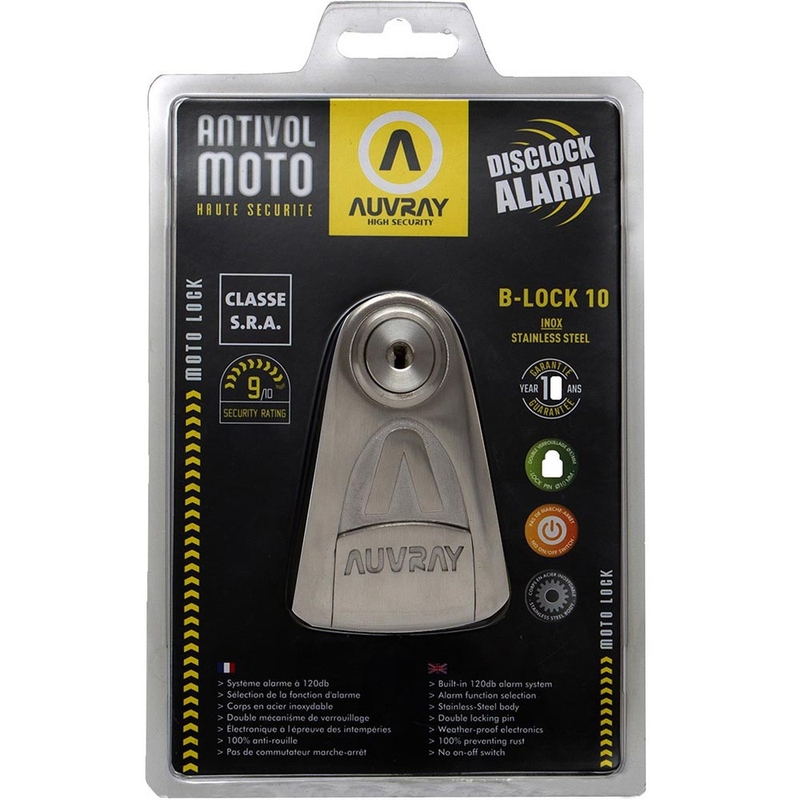Lucchetto per disco freno Auvray B-Lock 10 con allarme da 120 dB, acciaio argentato