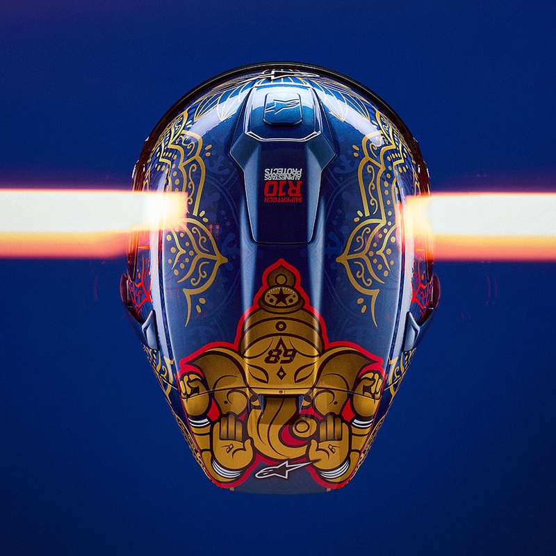 Casco integrale da moto Alpinestars Supertech R10 Marthainator edizione limitata JORGE MARTIN blu perla oro rosso