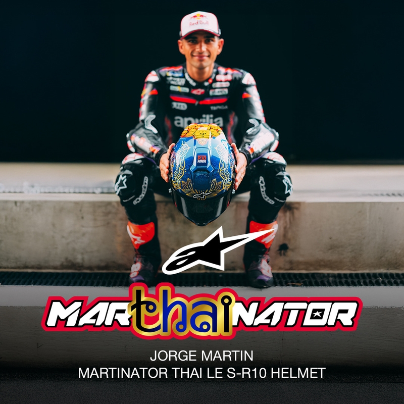 Casco integrale da moto Alpinestars Supertech R10 Marthainator edizione limitata JORGE MARTIN blu perla oro rosso