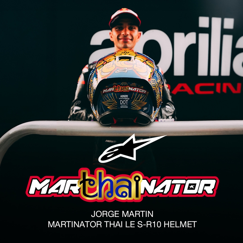 Casco integrale da moto Alpinestars Supertech R10 Marthainator edizione limitata JORGE MARTIN blu perla oro rosso