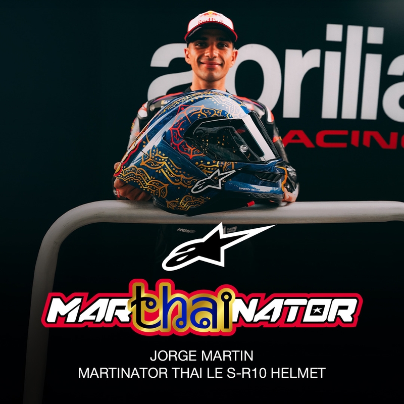 Casco integrale da moto Alpinestars Supertech R10 Marthainator edizione limitata JORGE MARTIN blu perla oro rosso