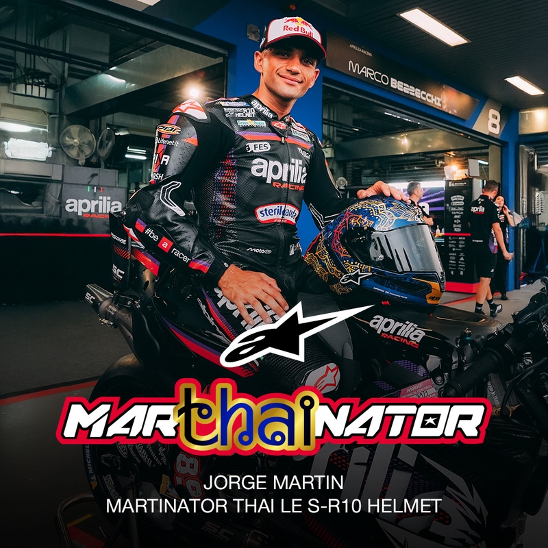 Casco integrale da moto Alpinestars Supertech R10 Marthainator edizione limitata JORGE MARTIN blu perla oro rosso