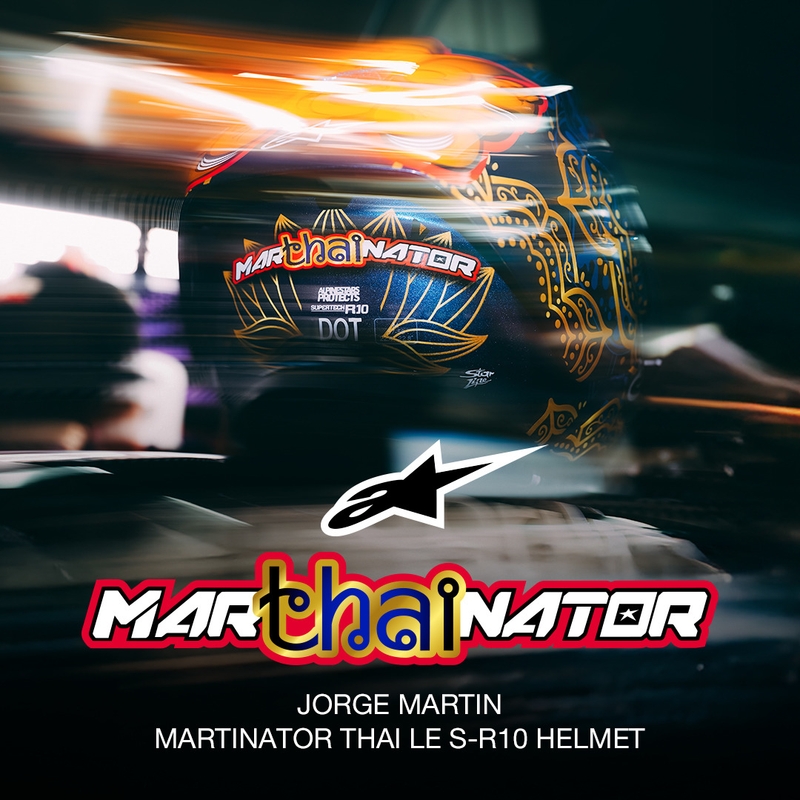 Casco integrale da moto Alpinestars Supertech R10 Marthainator edizione limitata JORGE MARTIN blu perla oro rosso