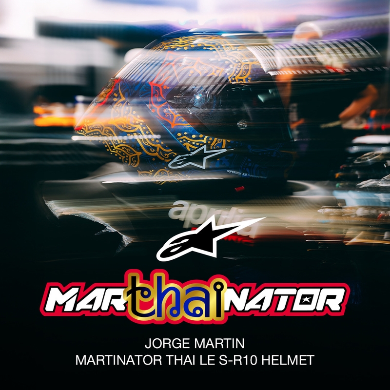 Casco integrale da moto Alpinestars Supertech R10 Marthainator edizione limitata JORGE MARTIN blu perla oro rosso