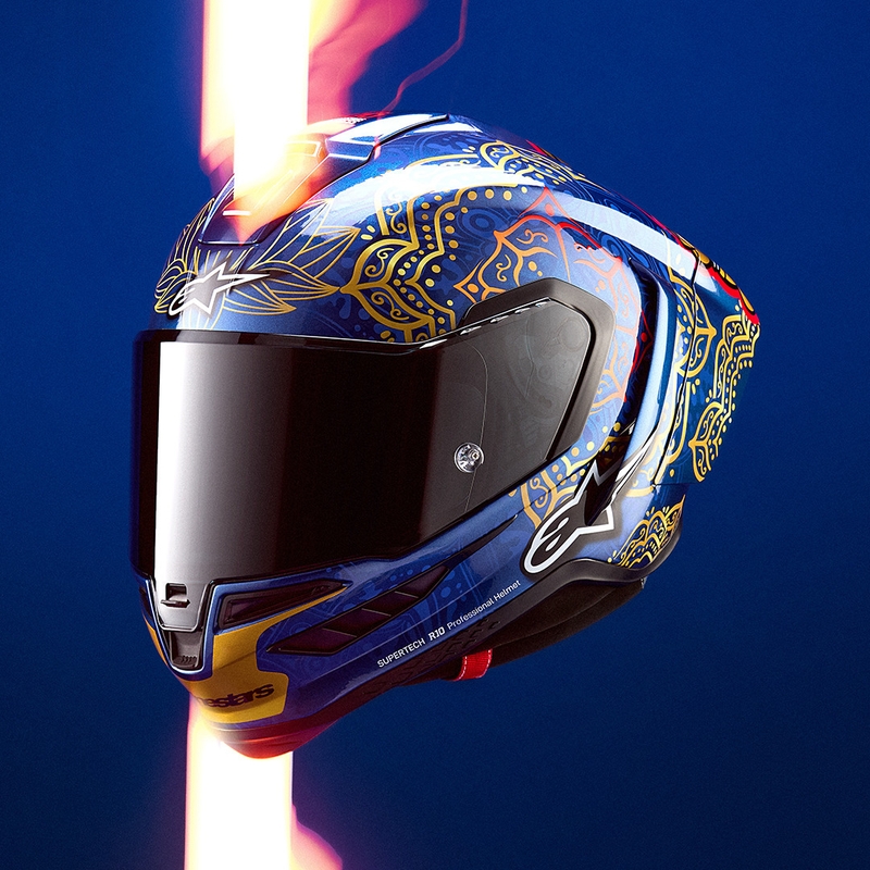 Casco integrale da moto Alpinestars Supertech R10 Marthainator edizione limitata JORGE MARTIN blu perla oro rosso