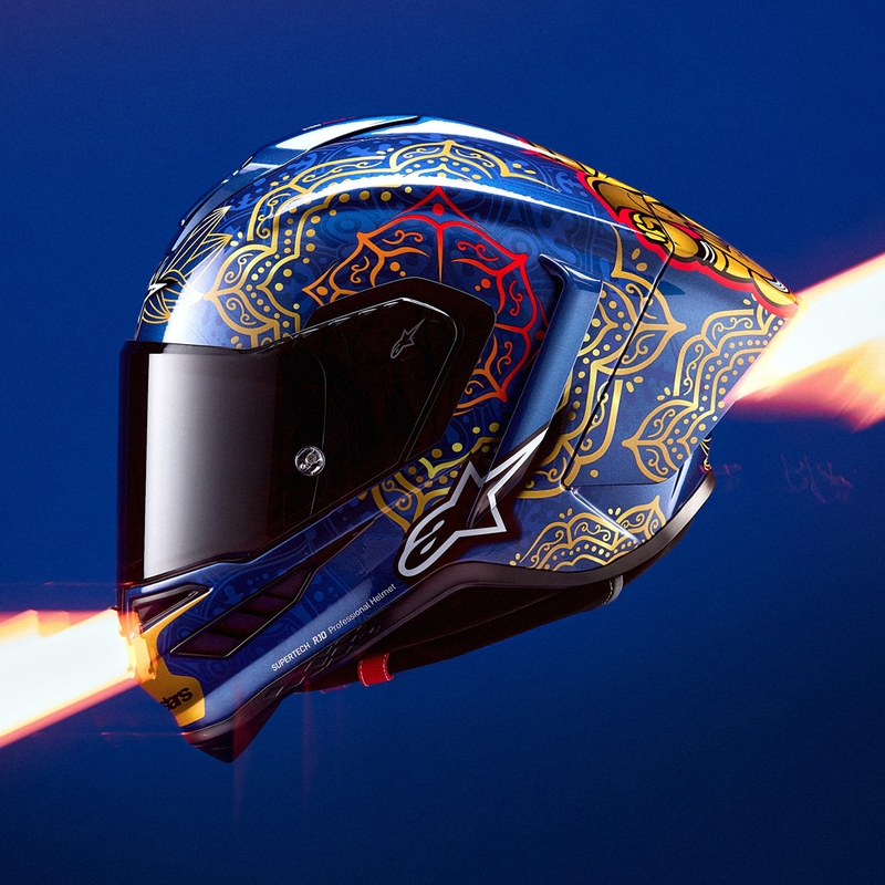Casco integrale da moto Alpinestars Supertech R10 Marthainator edizione limitata JORGE MARTIN blu perla oro rosso