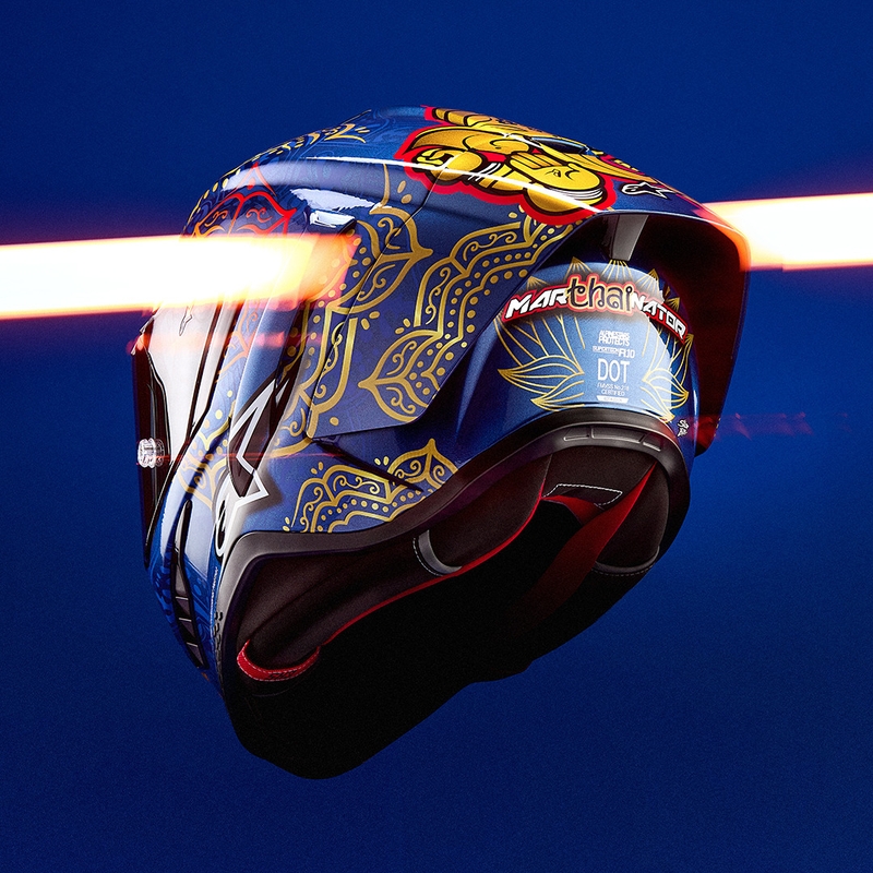 Casco integrale da moto Alpinestars Supertech R10 Marthainator edizione limitata JORGE MARTIN blu perla oro rosso