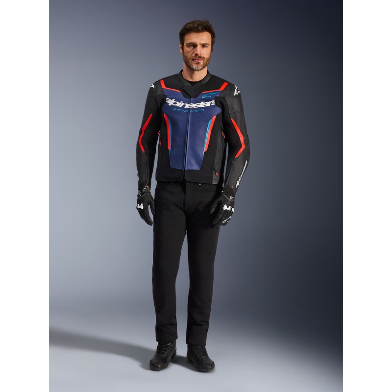 Giacca da moto in pelle Alpinestars GP Force V2, nera, blu e rosso fluo.