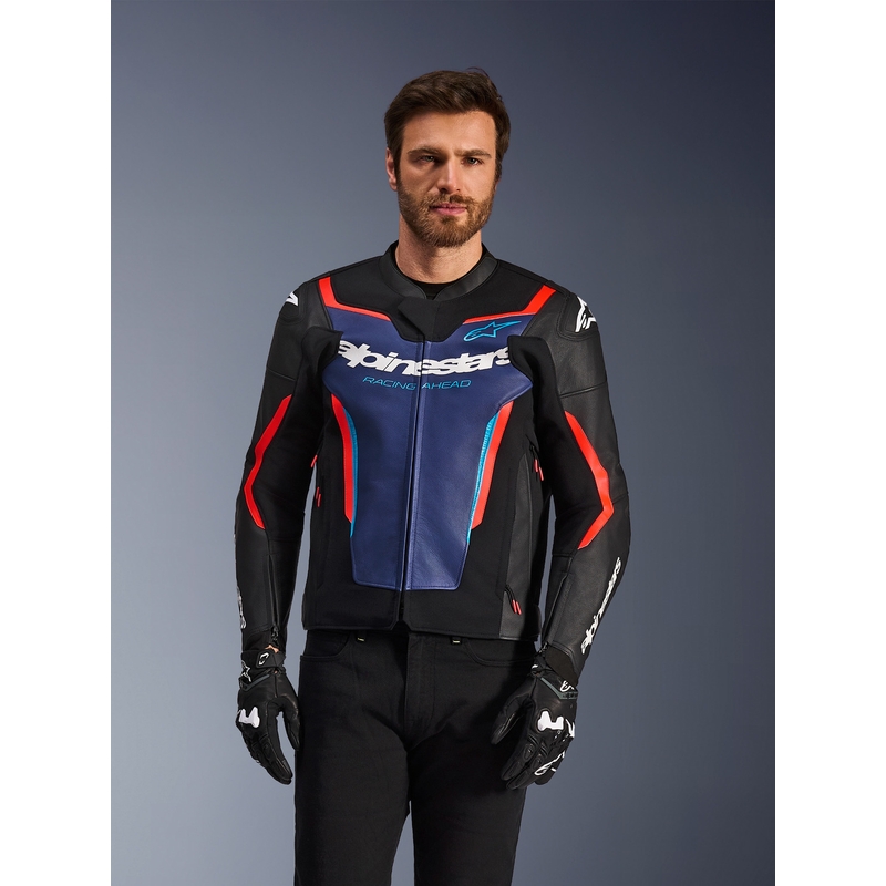 Giacca da moto in pelle Alpinestars GP Force V2, nera, blu e rosso fluo.