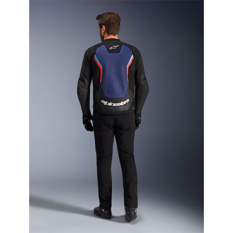 Giacca da moto in pelle Alpinestars GP Force V2, nera, blu e rosso fluo.
