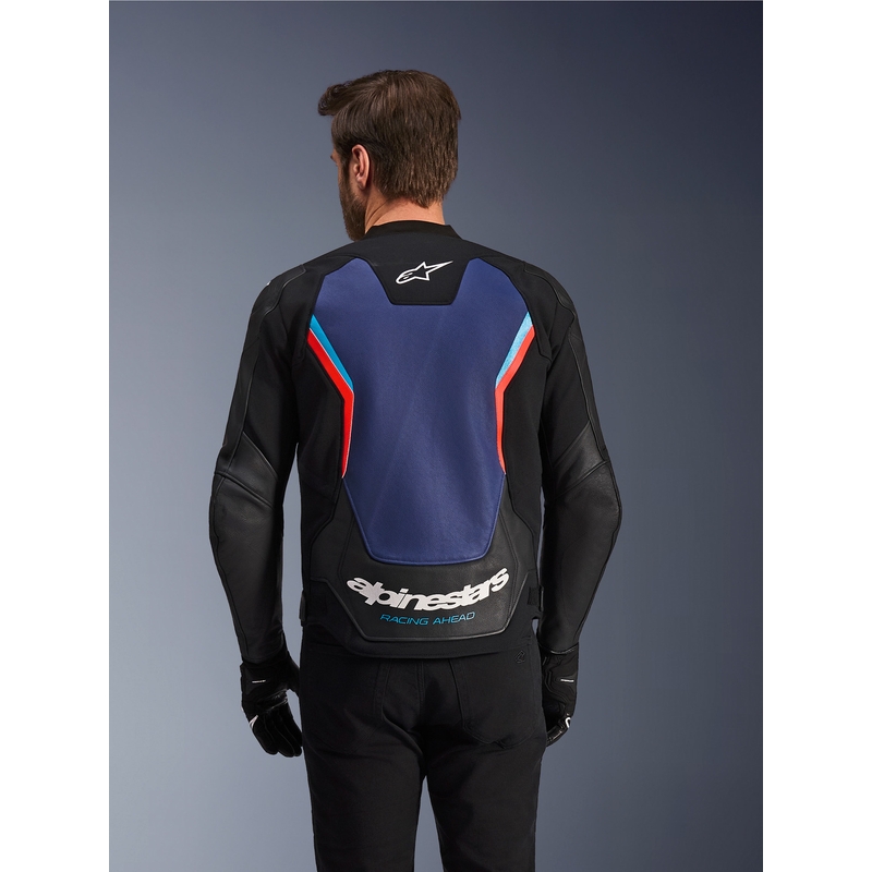 Giacca da moto in pelle Alpinestars GP Force V2, nera, blu e rosso fluo.